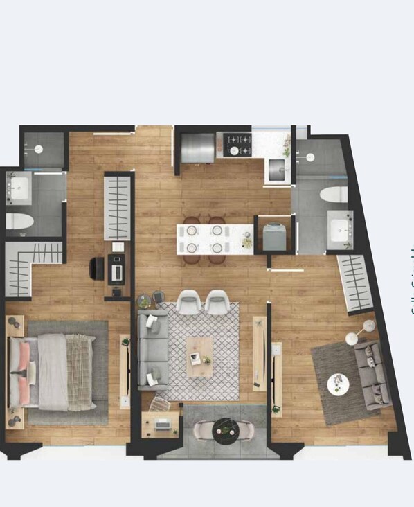 Comfortable room with a bed, chairs, table, sofa, and kitchenette, offering a convenient layout and easy access to all amenities.