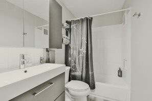 Hair dryer, towels, soap, shampoo