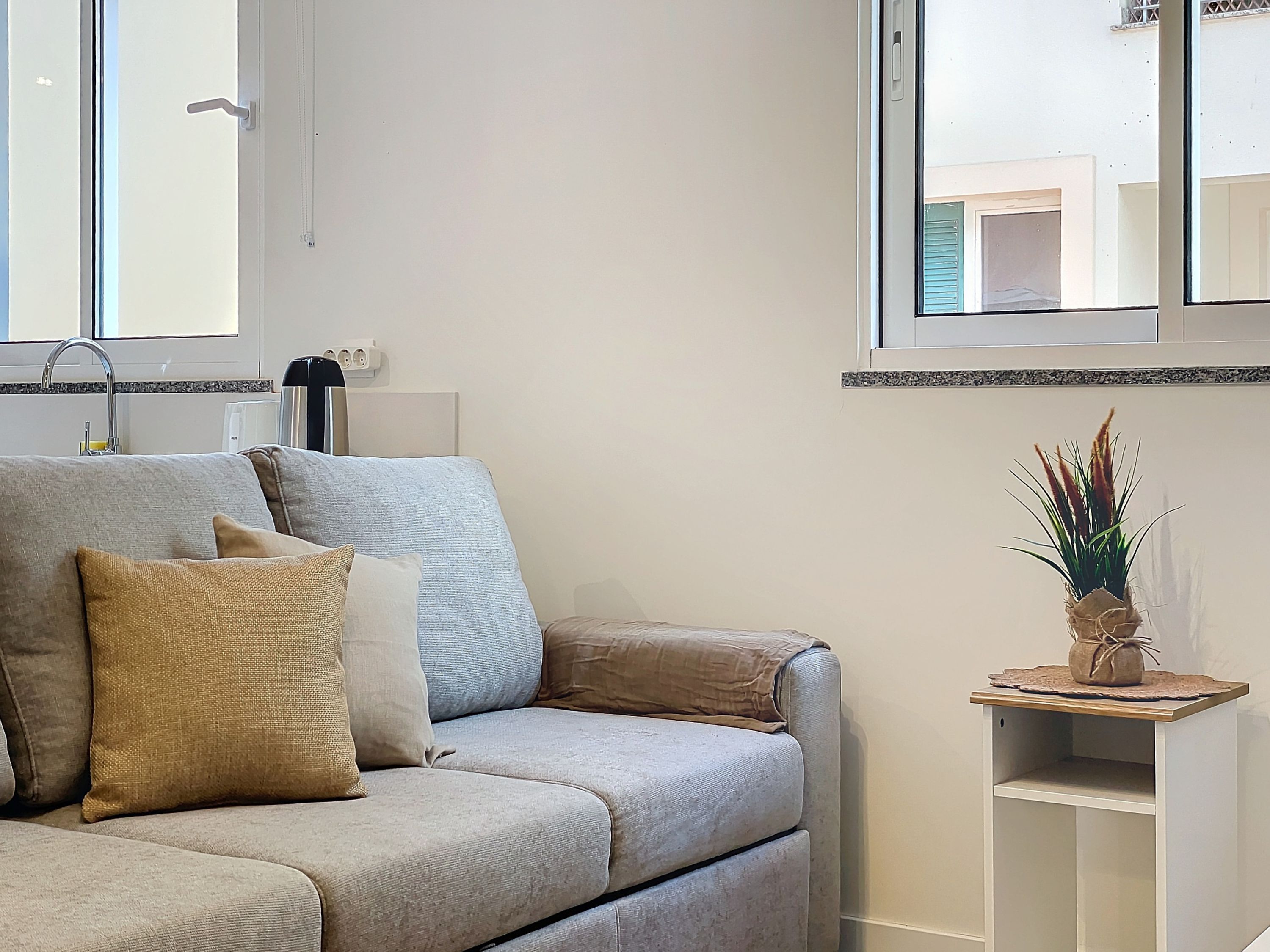A living room with a sofa, cushions, a small table with a plant, and a window with blinds.