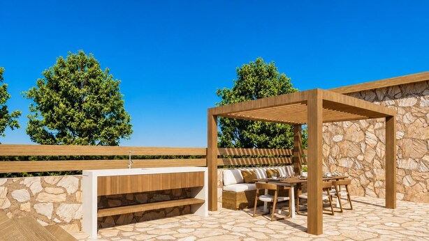 An outdoor patio with a stone floor, wooden pergola, and a seating area with cushions. - Villa Liana - One Bedroom Villa, Sleeps 2 (Petalidi)