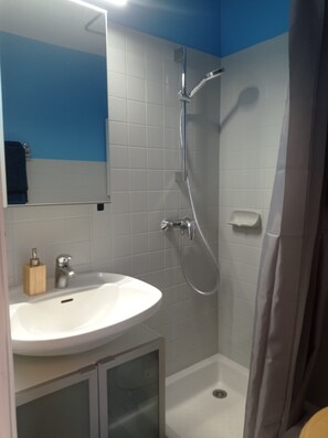 Douche, sèche-cheveux, serviettes fournies, papier toilette