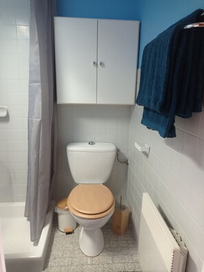 Shower, hair dryer, towels, toilet paper