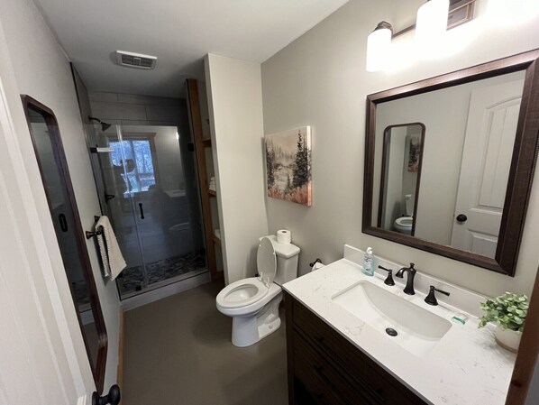 A bathroom with a shower, toilet, sink, and a large mirror.