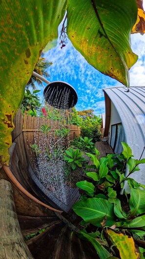 A garden with a water feature, wooden deck, and lush greenery. - Cabana Mulungu (Fernando de Noronha)