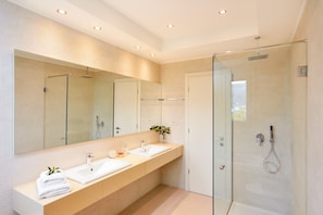 Shower, jetted tub, hair dryer, towels