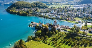 An aerial view of a lakeside town with a prominent castle, marina, and surrounding greenery. - BERG&BERG APARTMENTS-Spiez Self Check-In (Spiez)