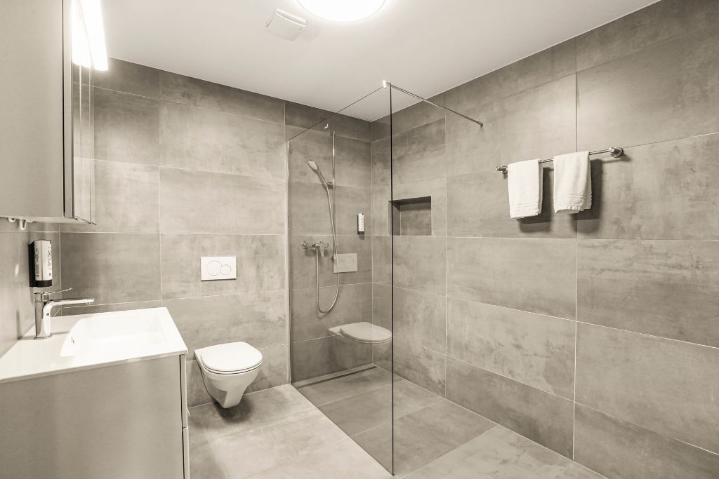 Een moderne badkamer met een douche met glazen wand, een toilet en een wastafel.