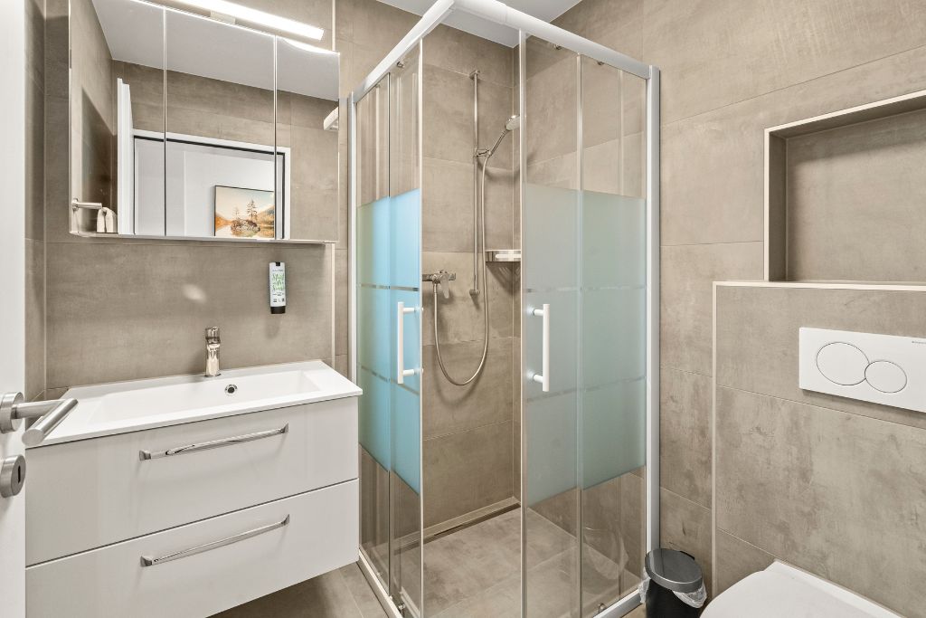 A modern bathroom with a glass shower enclosure, a white sink, and a mirror.