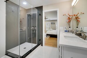 Hair dryer, towels, soap, shampoo