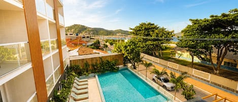 Outdoor pool, pool umbrellas, pool loungers