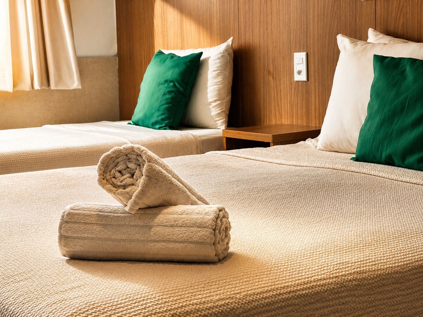 Habitación de hotel con dos camas, cabecero de madera y una toalla doblada con cuidado sobre la cama.