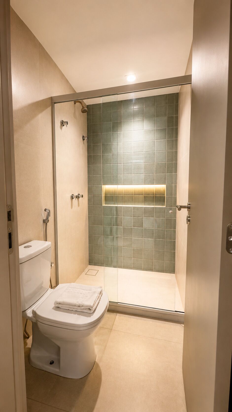 A modern bathroom with a glass-enclosed shower, a toilet, and a towel rack.