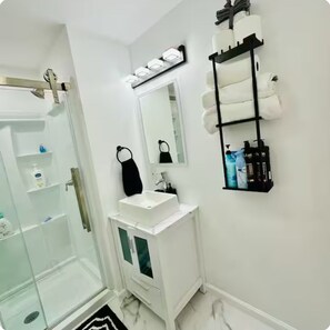 Regadera, secadora de cabello, bidet, toallas 