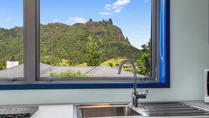 Eine Küche mit Spüle aus Edelstahl und einem Fenster mit Blick auf eine Berglandschaft.