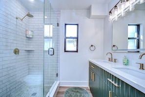 Hair dryer, towels, soap
