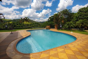Una piscina al aire libre, sombrillas, sillones reclinables de piscina