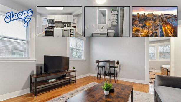 Una sala de estar moderna con televisor, una mesa de centro de madera y vistas a un paisaje urbano.