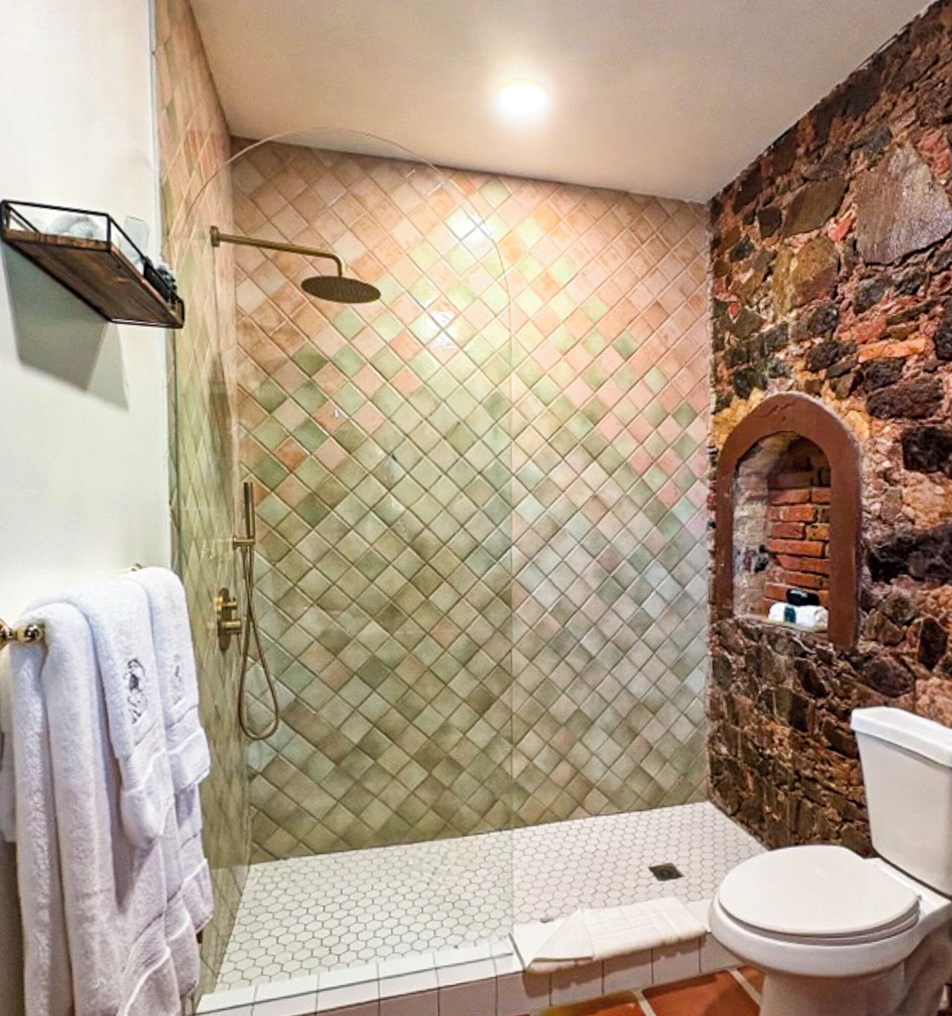 Une salle de bain avec une douche, des toilettes et un mur en pierre.