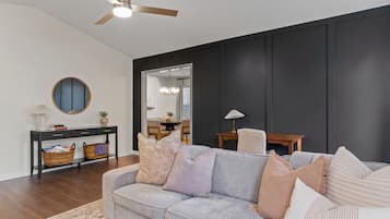 Smart TV, fireplace, books
