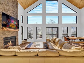 Smart TV, caminetto, libri, biblioteca musicale