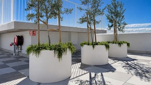 A modern building with large white planters containing trees and greenery. - Stylish Bondi Studio Minutes From Bondi Beach (Bondi)