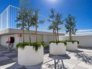 A modern building with large white planters containing trees and greenery.