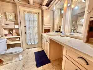 Chuveiro, secador de cabelo, toalhas de banho, sabonete