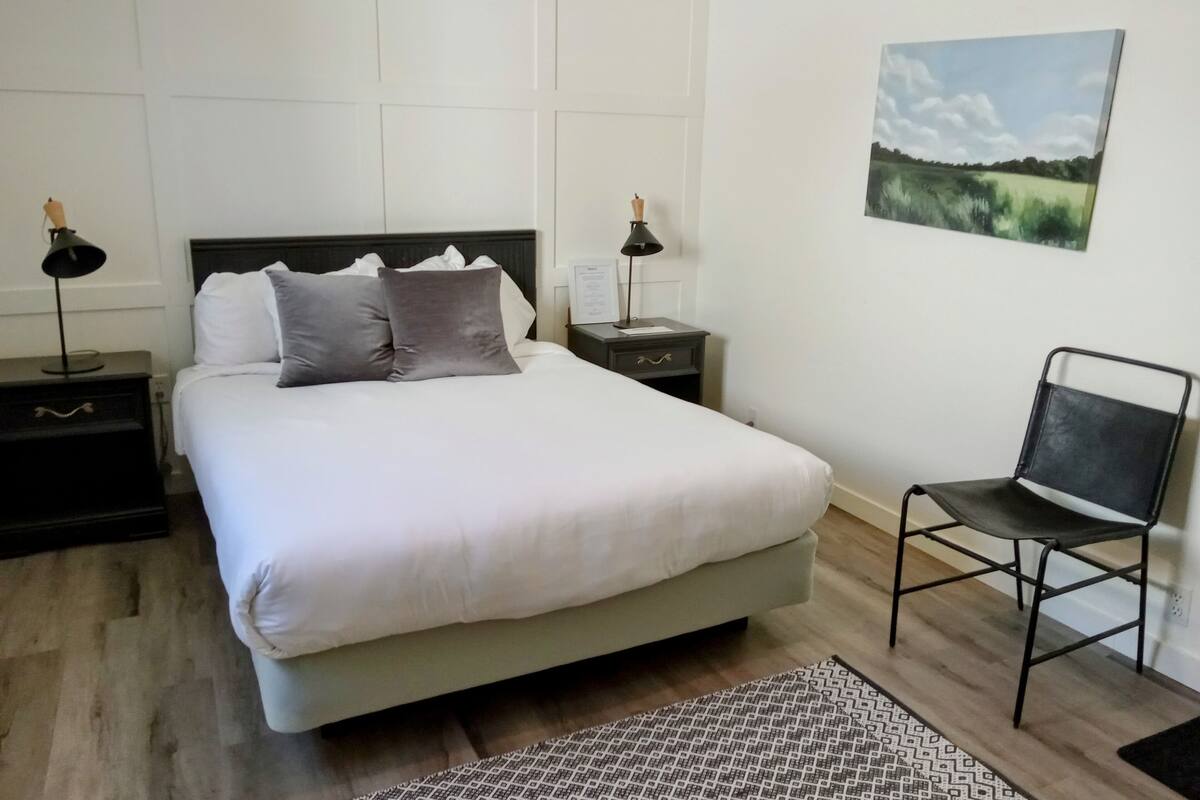 Un letto rifatto con cuscini bianchi e grigi, una sedia in metallo nero e un quadro di un paesaggio appeso al muro.