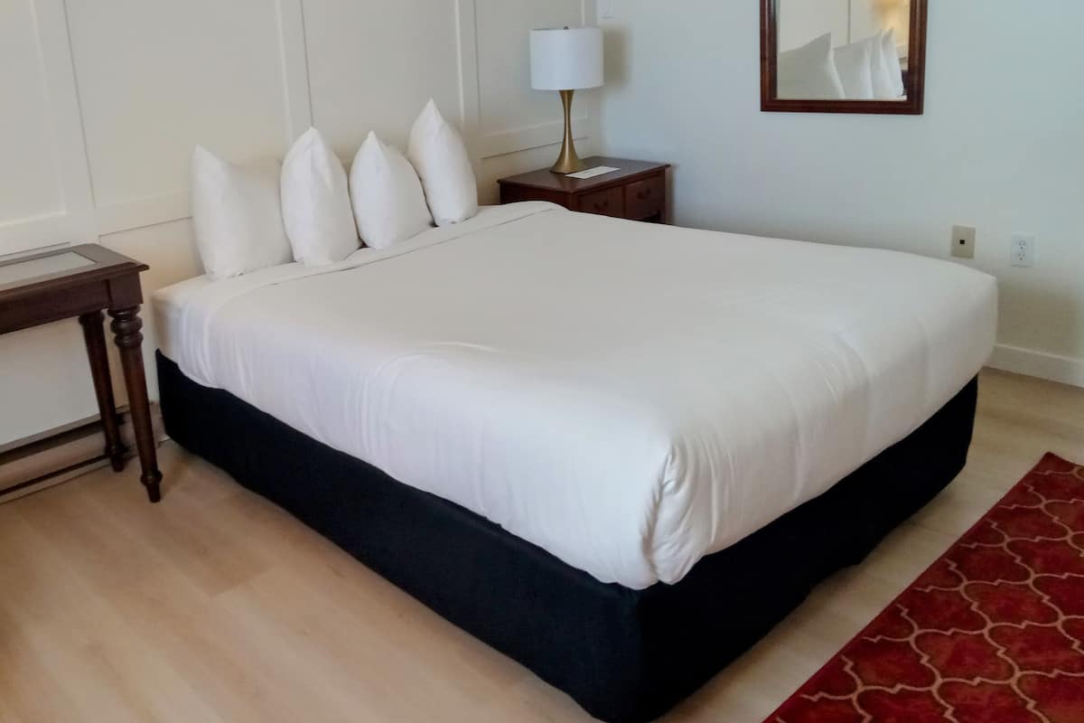 Una camera d'albergo con un letto grande, un comodino con una lampada, uno specchio a parete e un tappeto rosso.