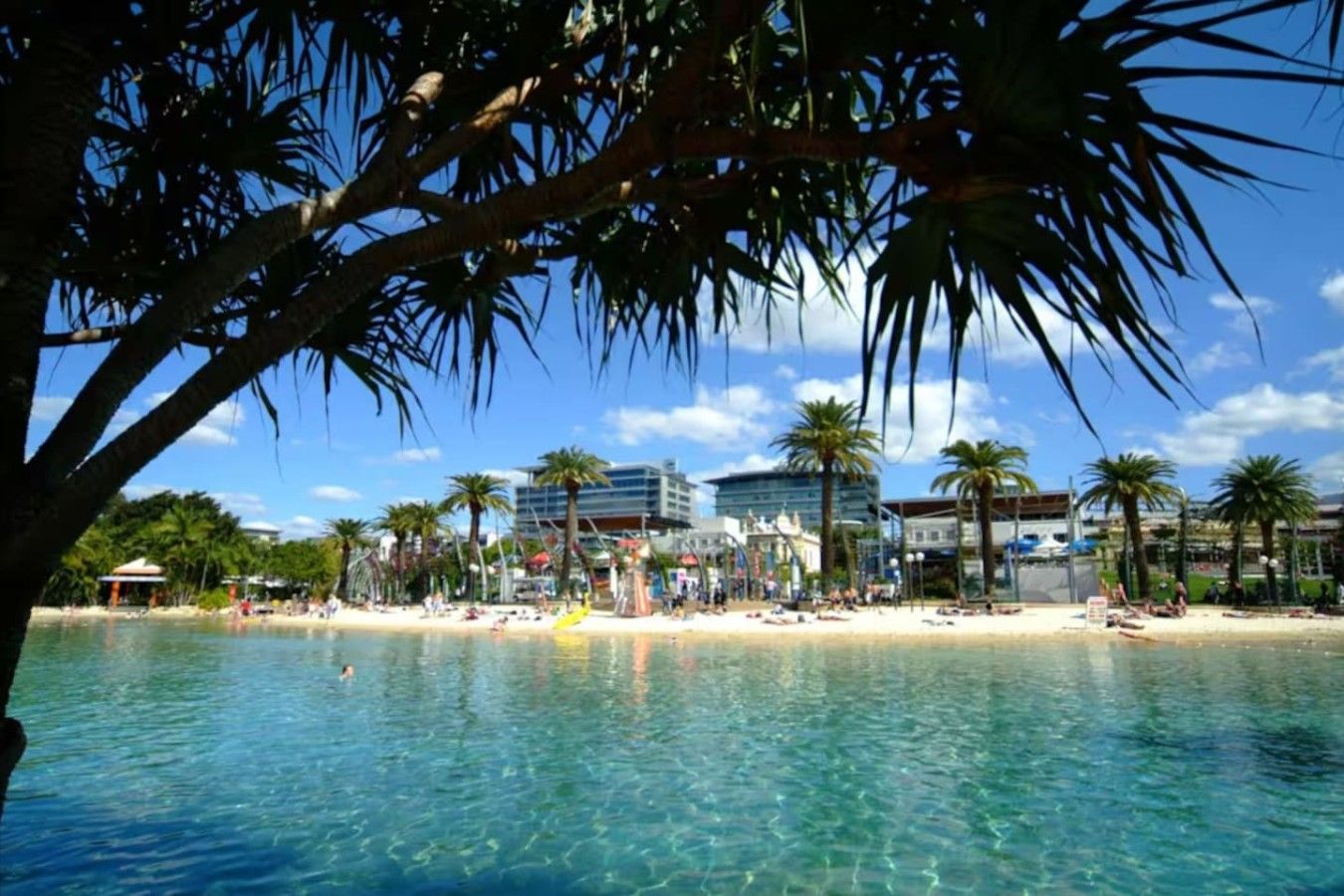A beach with clear water, palm trees, and buildings in the background.