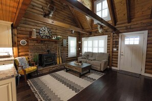 Smart TV, fireplace, books