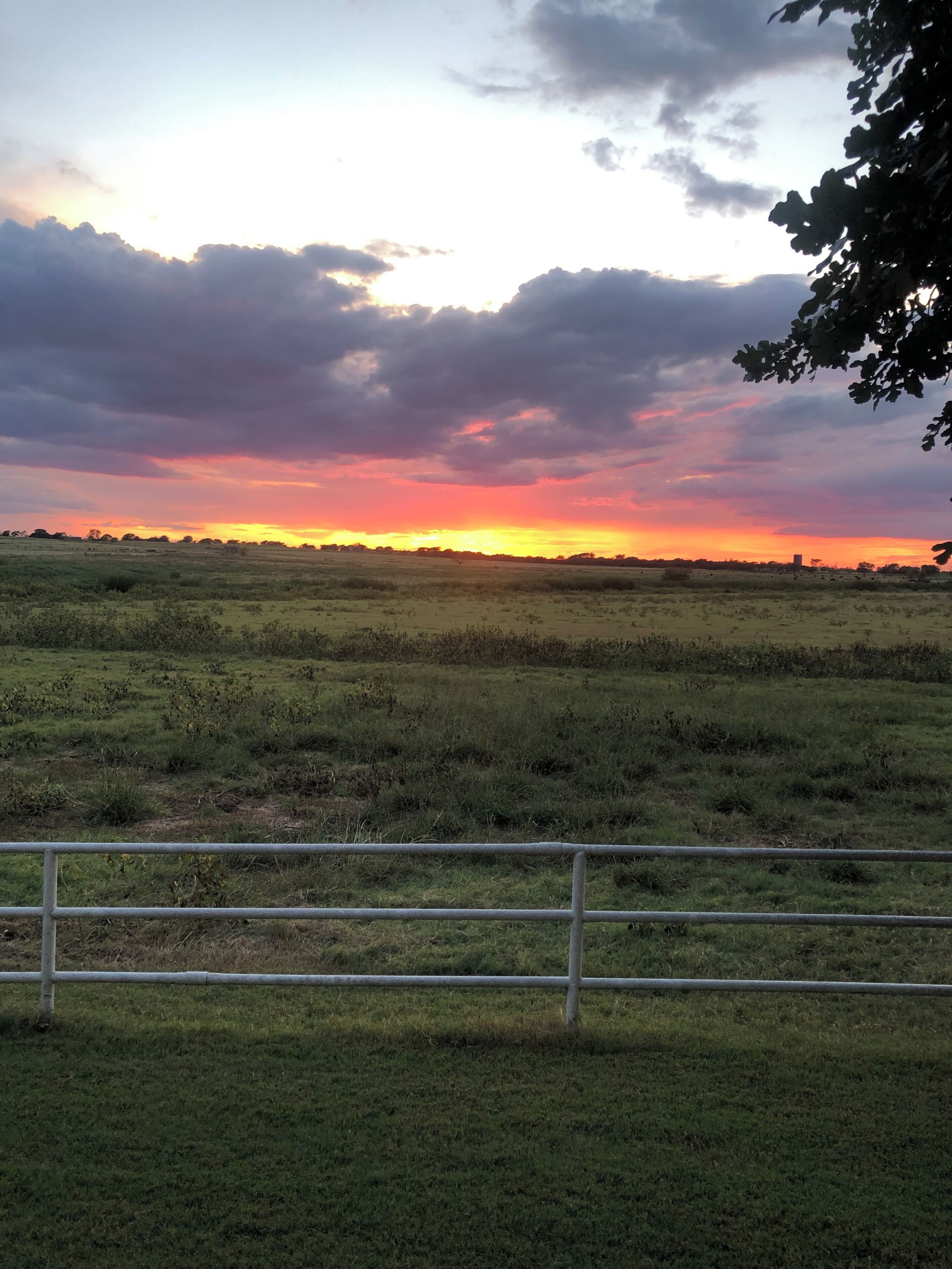 Een veld met een metalen hek op de voorgrond en een zonsondergang op de achtergrond.
