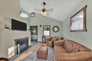 TV, fireplace, books