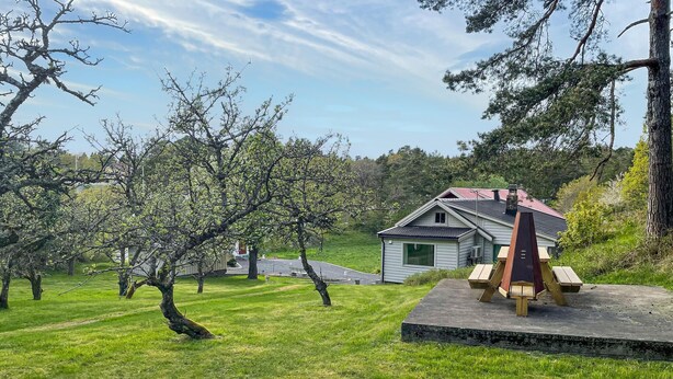 A small house with a red roof, surrounded by a grassy area and trees. - 2 bedroom lovely home in Færvik (Færvik)