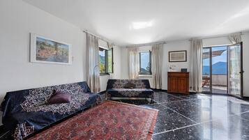 A room with a sofa, a patterned rug, a cabinet, and a view through a glass door.