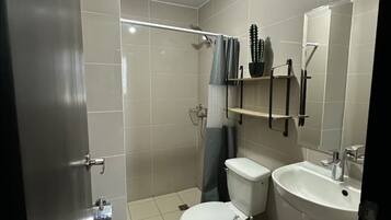 Hair dryer, towels, soap, toilet paper