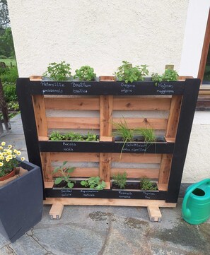 A wooden planter with labeled compartments containing various herbs.