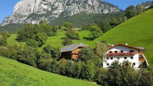 Un paysage de montagne avec une grande formation rocheuse, des champs verdoyants et deux maisons dotées de balcons apparents.