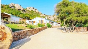 Una carretera pavimentada que conduce a un edificio con un muro de piedra y un letrero que dice 'PETRA MANN'.