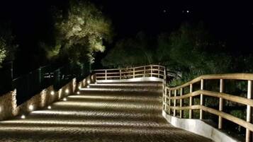A nighttime staircase with a wooden railing, surrounded by trees and illuminated by lights.