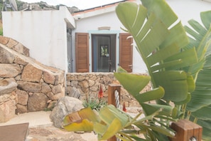 Un muro de piedra, una puerta de madera y plantas tropicales.
