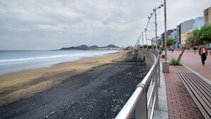 Ein Strand mit gepflastertem Gehweg, Metallgeländer und Gebäuden im Hintergrund.