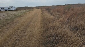 A rural landscape with a dirt path leading through tall grass. A white RV is parked on the left side of the path. - Cozy campground in charming Alamo Beach, Texas (Alamo Beach)