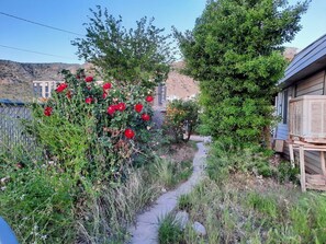 Ein Gartenpfad führt zu einem Haus mit einer Holzterrasse, umgeben von viel Grün und einem Berg im Hintergrund.