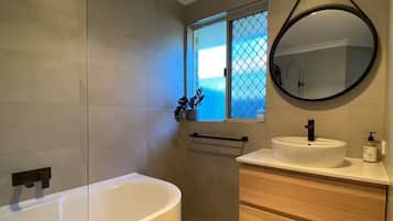Hair dryer, towels, soap, toilet paper