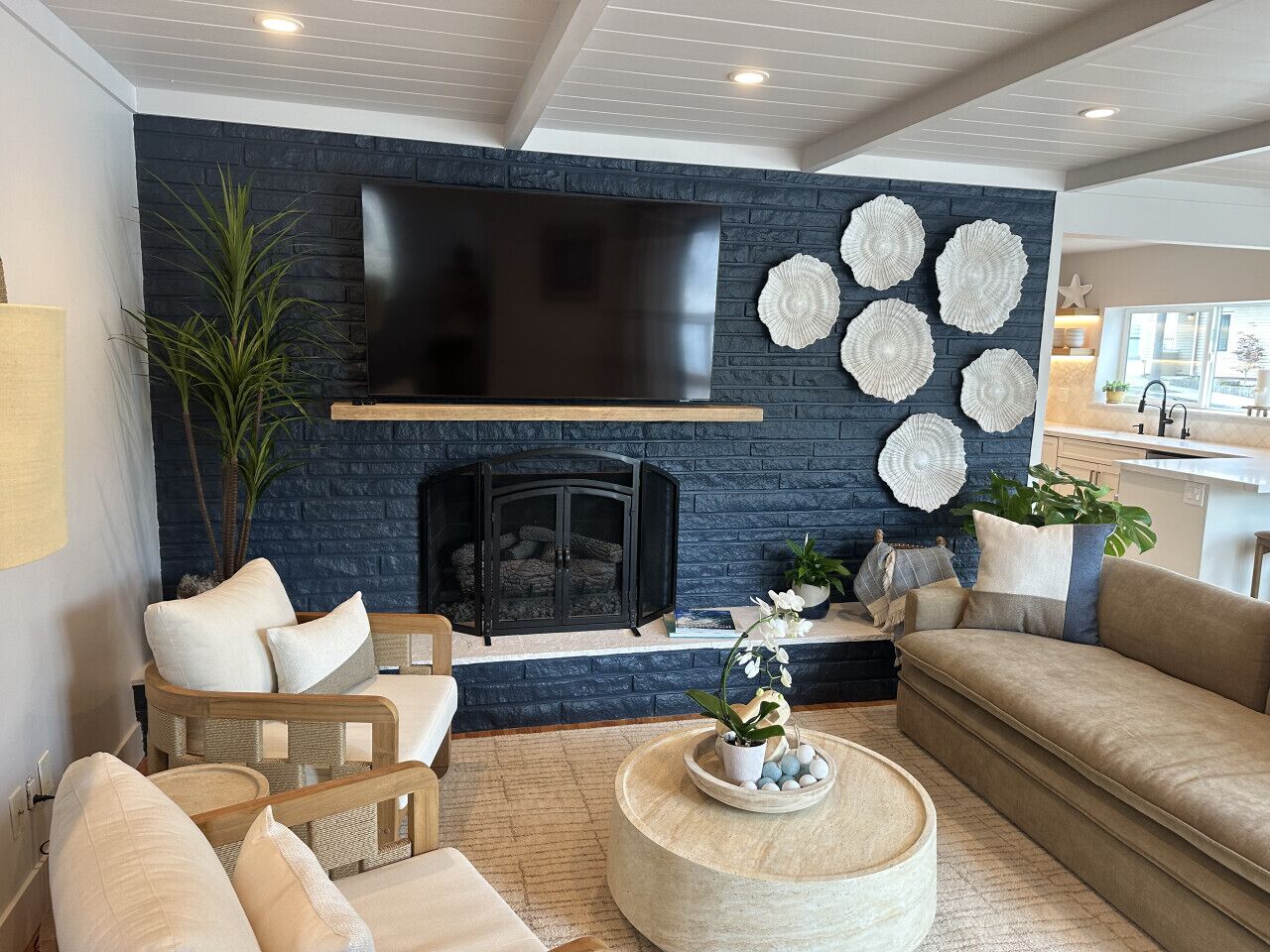 TV, fireplace, books