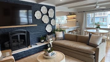 TV, fireplace, books