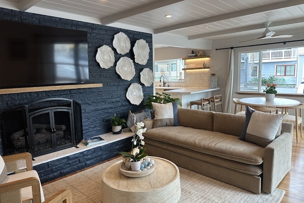 TV, fireplace, books