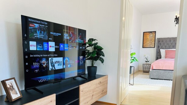 Ett modernt vardagsrum med en platt-TV som är monterad på en träkonsol, en krukväxt och utsikt in i sovrummet.
