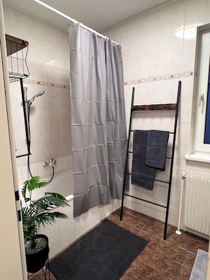 Hair dryer, towels, soap, shampoo